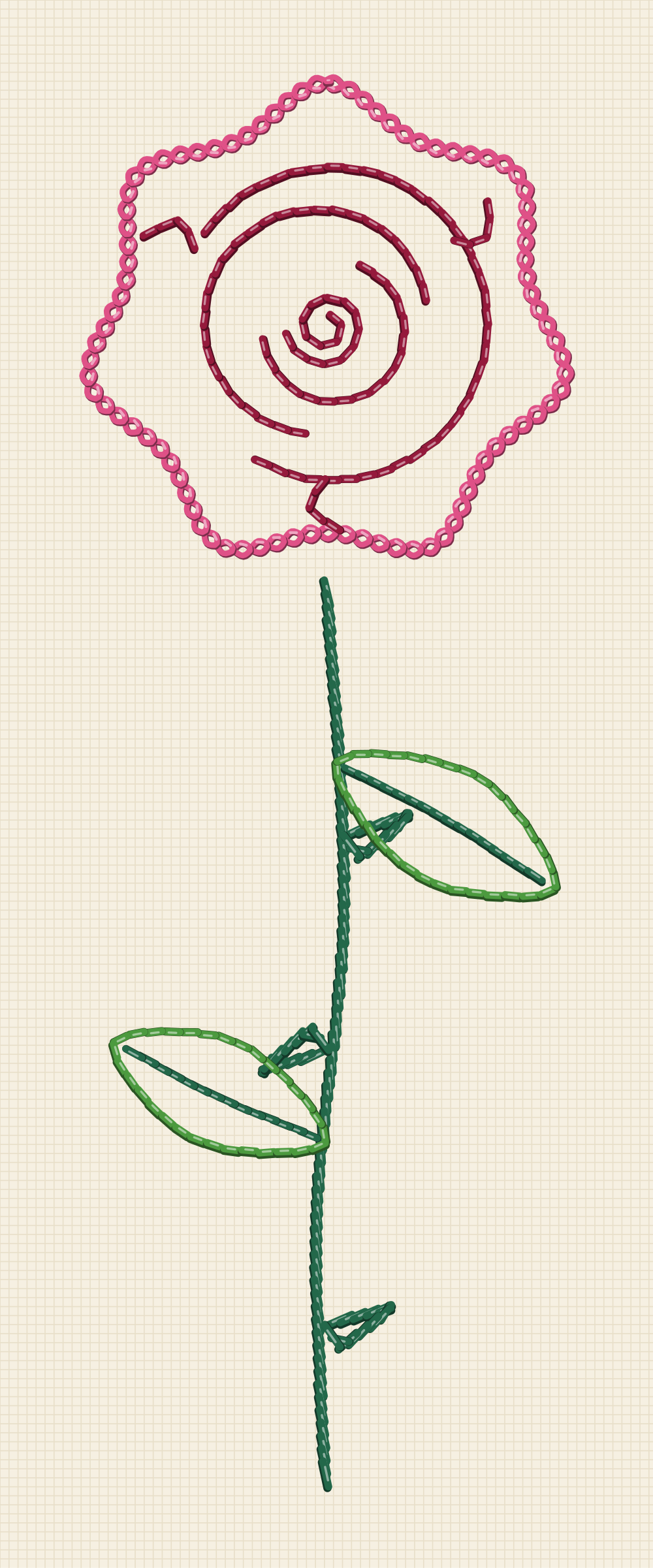 Single stem rose embroidery pattern with one open bloom, a long thorned stem and two leaves set at different heights