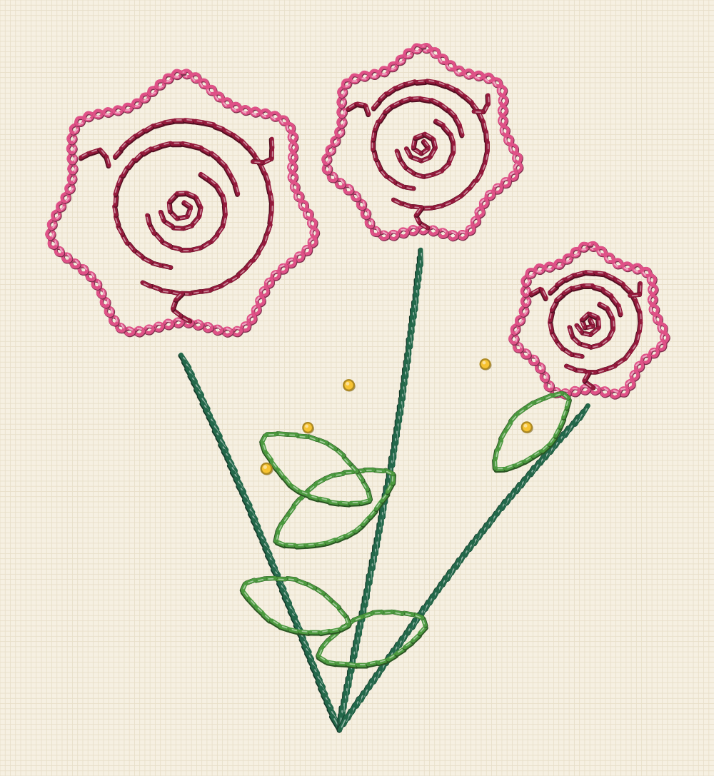 Rose spray embroidery pattern with three blooms of different sizes branching from one point, with five leaves between them
