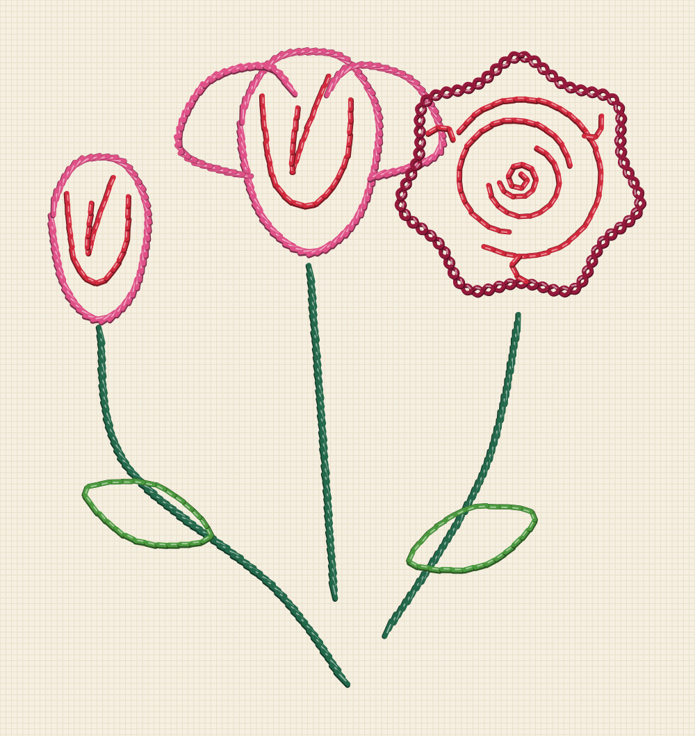 Rose embroidery transfer of one branch carrying a tight bud, a half open rose and a fully open bloom side by side