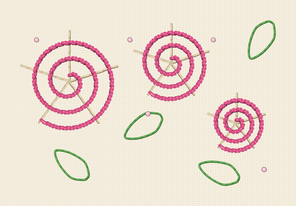 Woven wheel rose embroidery pattern with three spoked wheels and the spiral weave drawn over them, plus leaves