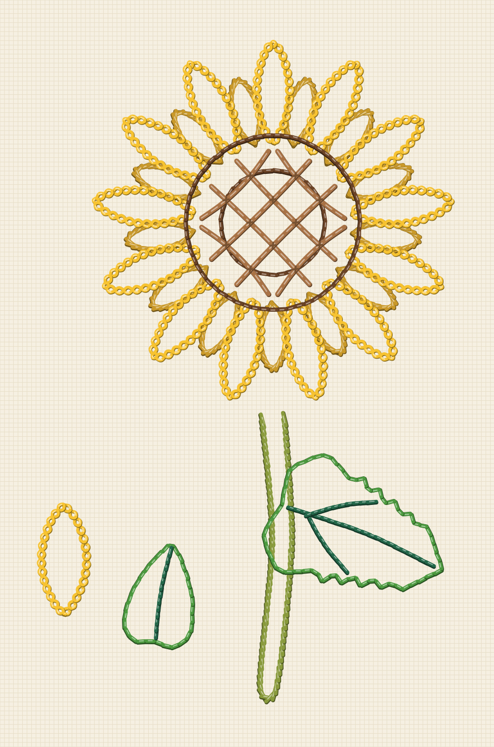 Botanical sunflower embroidery study with a double rayed head, latticed disc, toothed leaf with full veins and a dissected ray and leaf