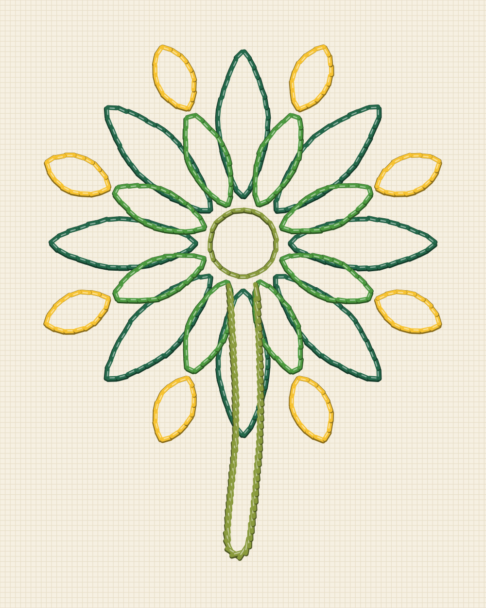 Embroidery pattern of a sunflower seen from behind, two rings of pointed bracts round the stem base with ray tips showing past them