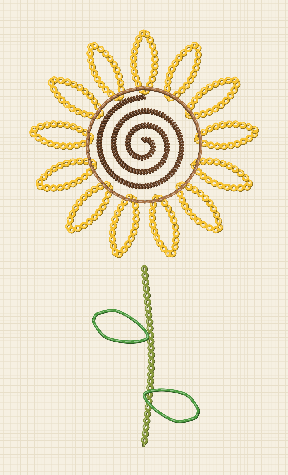 Sunflower embroidery pattern with every ray in chain stitch, a whipped spiral filling the disc and lazy daisy leaves
