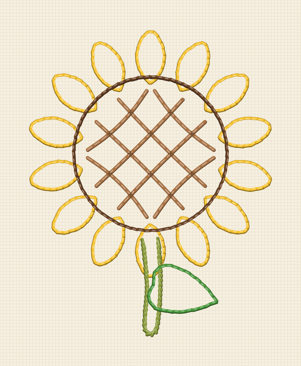 Sunflower embroidery pattern dominated by a giant disc crossed with laid threads couched at the crossings, short rays around it