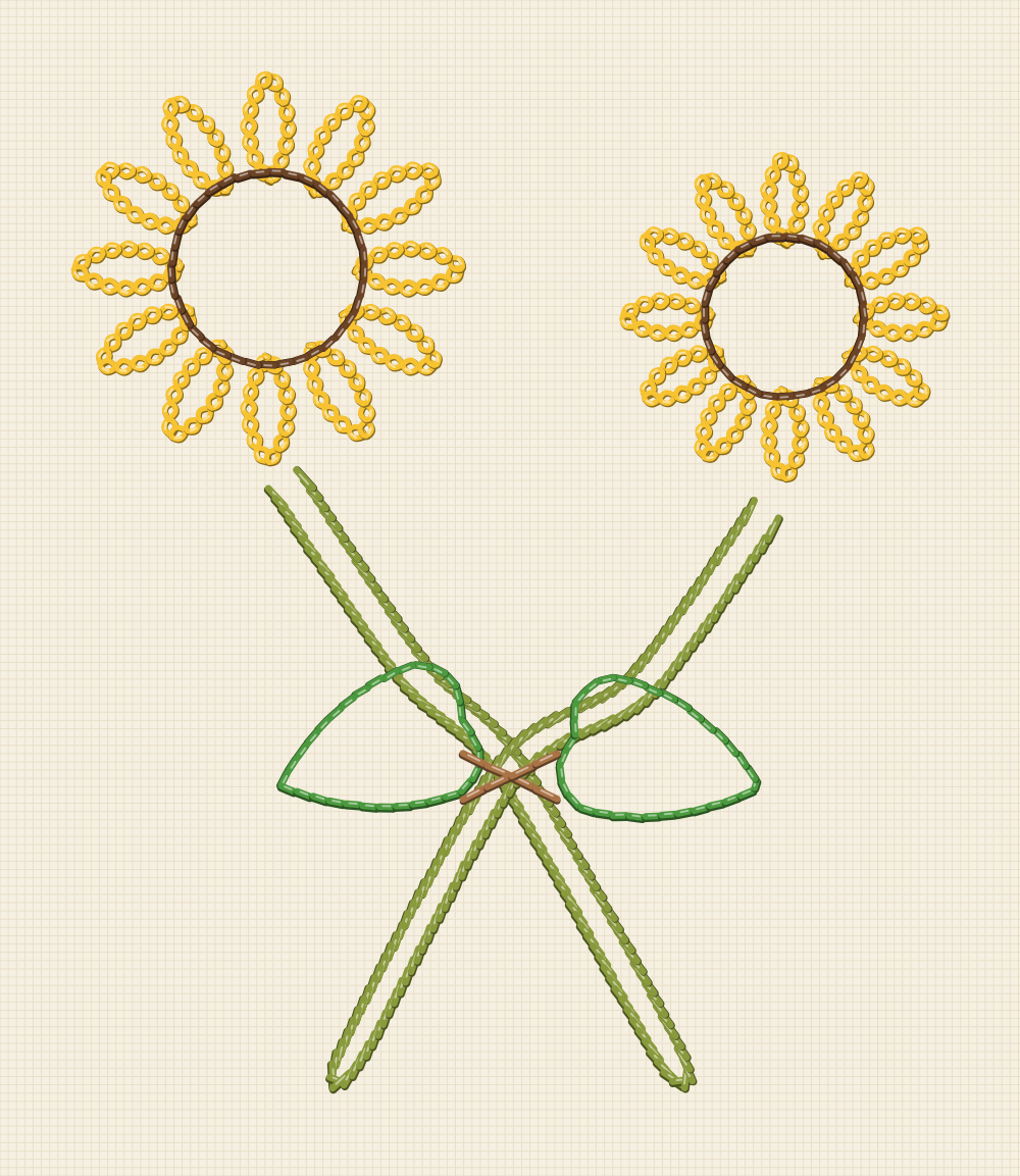 Embroidery pattern of two sunflowers on stems that cross at a straight stitched tie, heads leaning apart above the crossing
