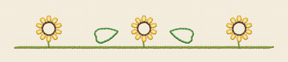 Shallow sunflower border embroidery pattern measured to fit between the two seam lines of a sleeve cuff, with a straight rail