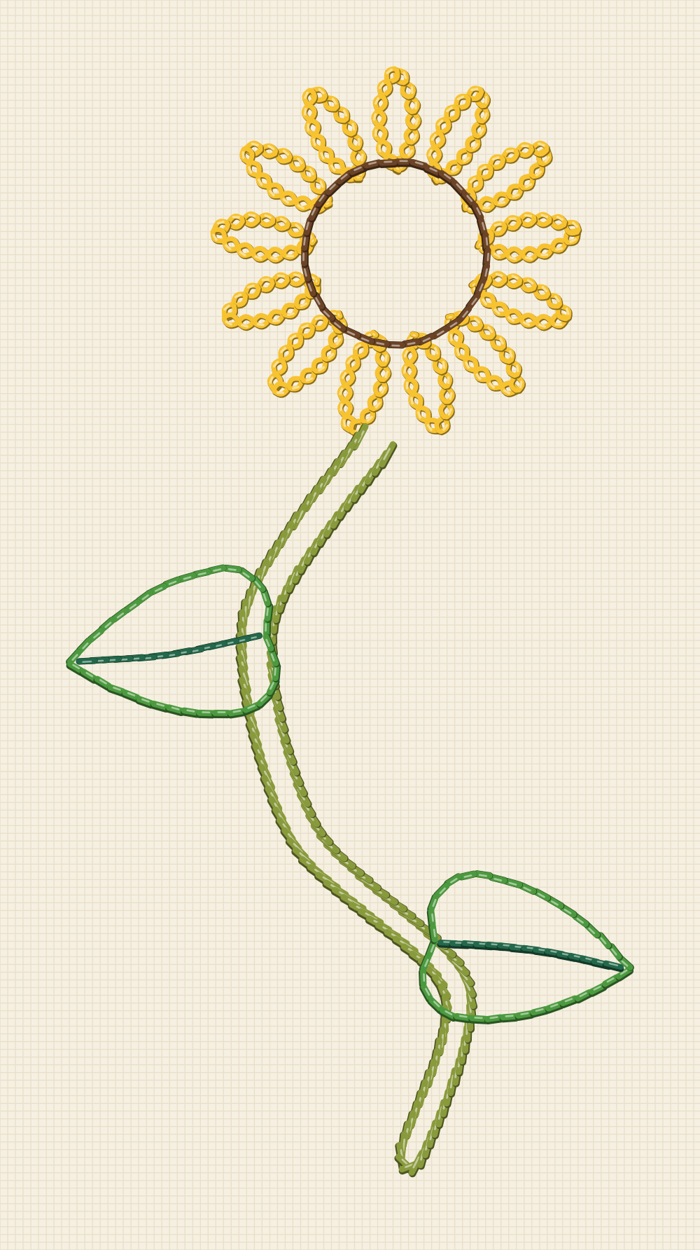 Sunflower embroidery transfer with the stem drawn as a long S curve and a leaf on the outside of each bend