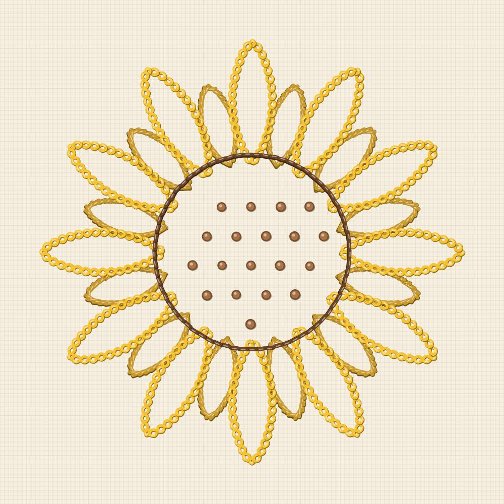 Sunflower embroidery transfer with two staggered rows of rays, the shorter back row showing between the front petals