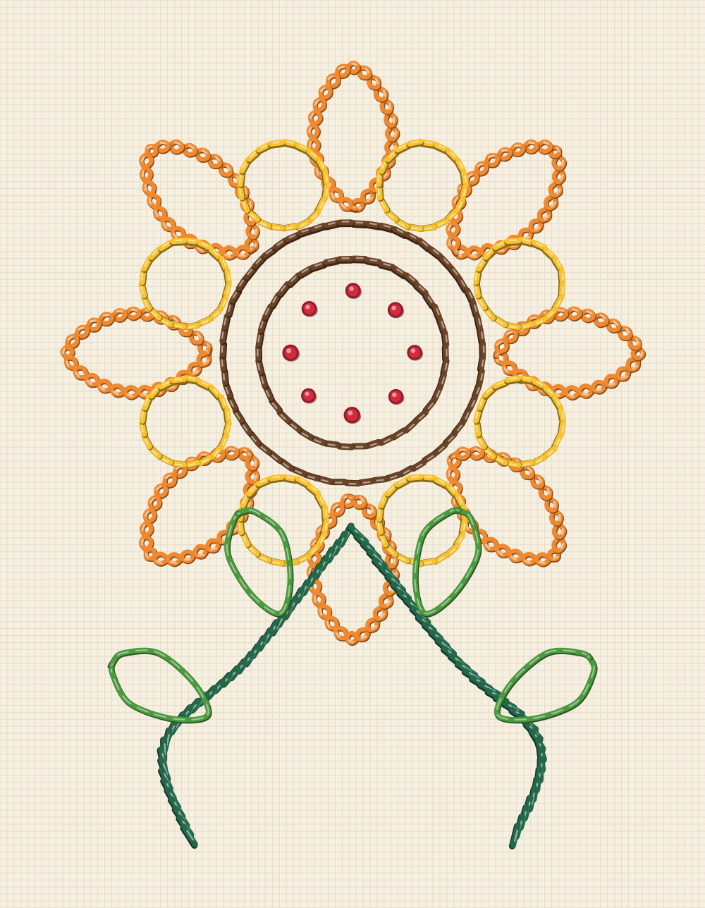 Folk art sunflower embroidery pattern with alternating pointed and round petals, double disc rings, a red dot ring and mirrored curling stems