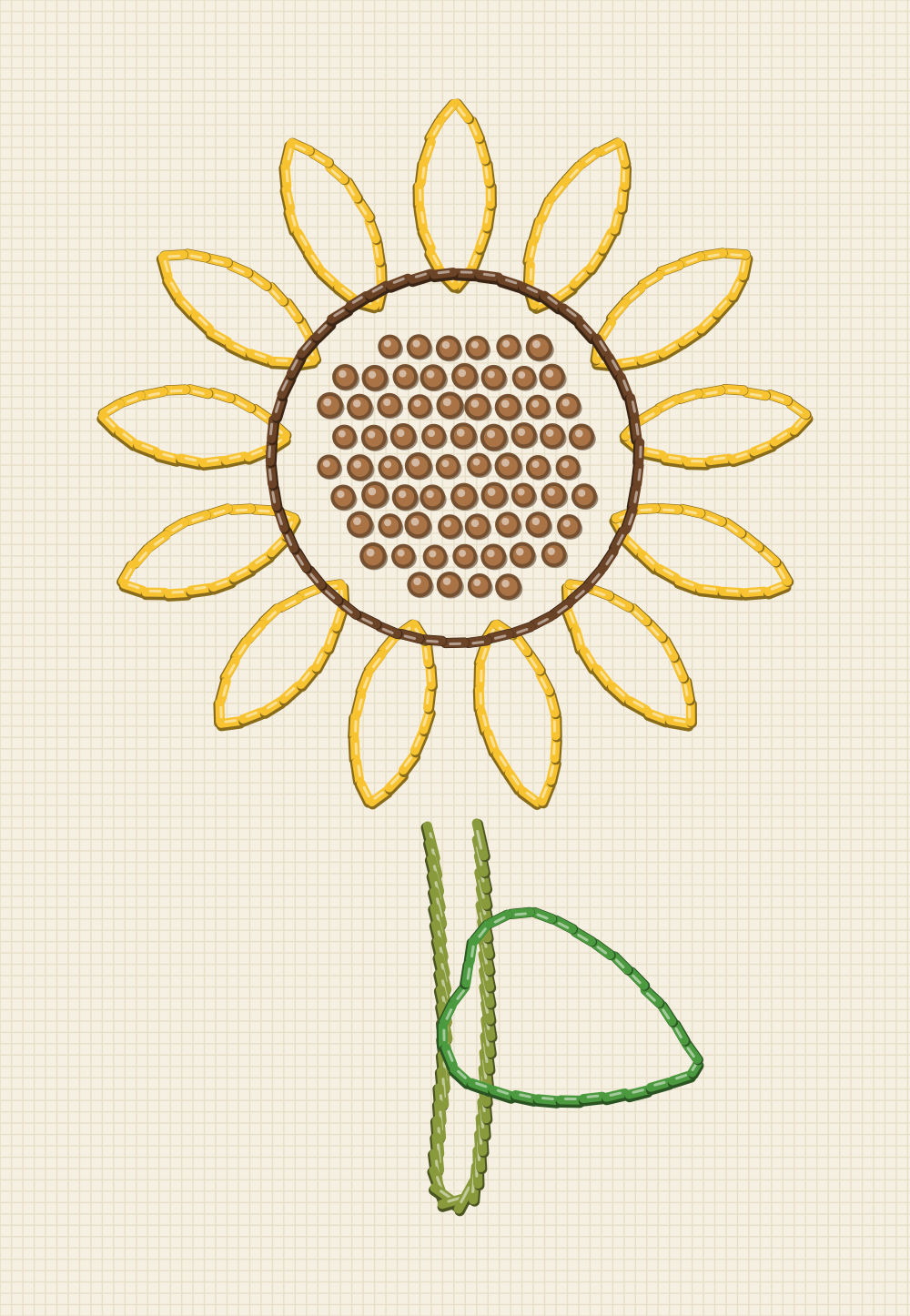 Sunflower embroidery pattern whose disc is packed with marked French knot positions inside outlined rays