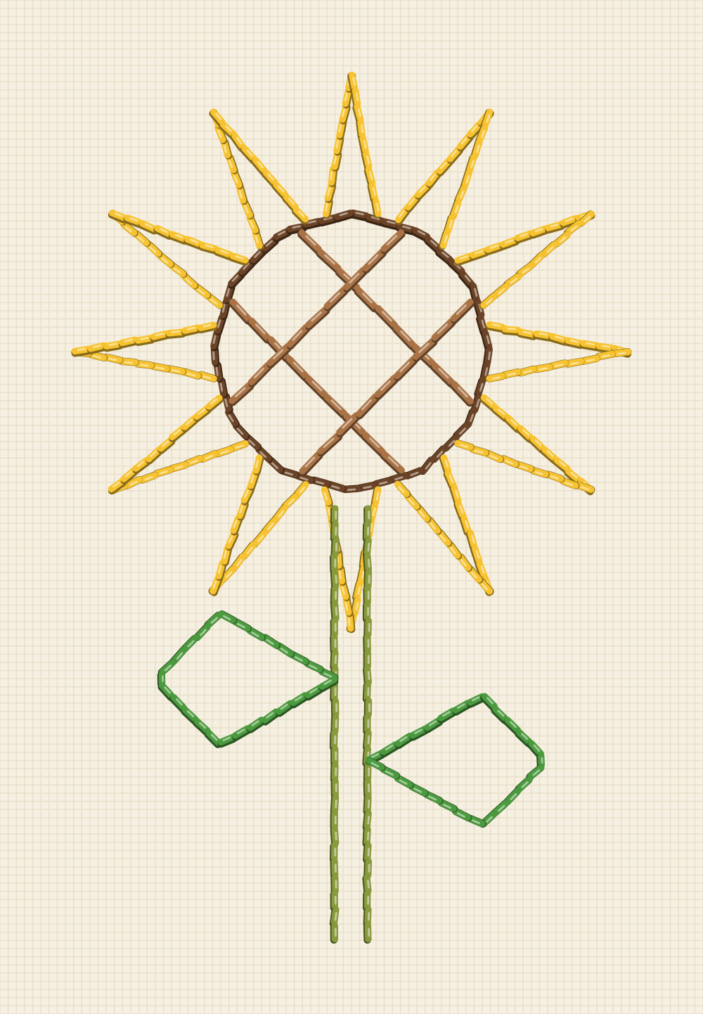 Geometric sunflower embroidery pattern built from straight runs only: triangle rays, a twelve sided disc and diamond leaves
