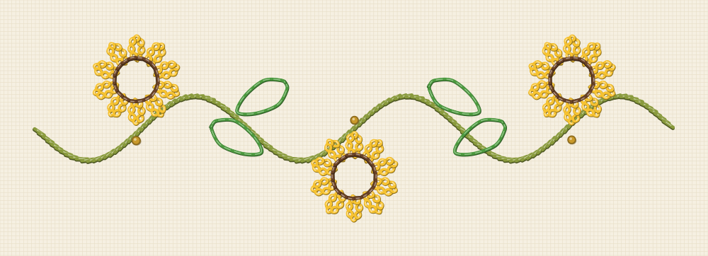 Repeating sunflower border embroidery pattern with three heads alternating above and below a waving stem line for a hem