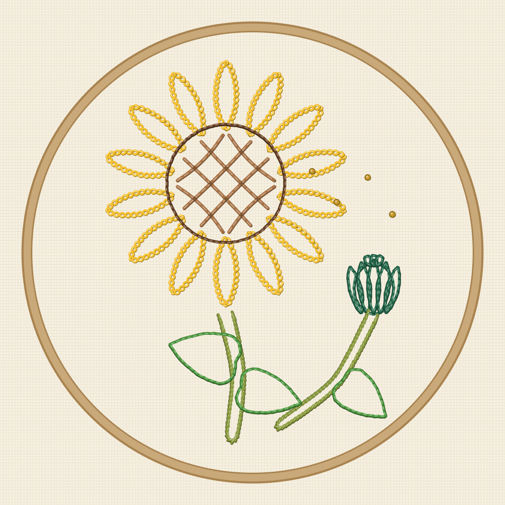 Large sunflower hoop embroidery pattern for a fifteen centimetre hoop with a main bloom, a side bud, two stems and scattered knots