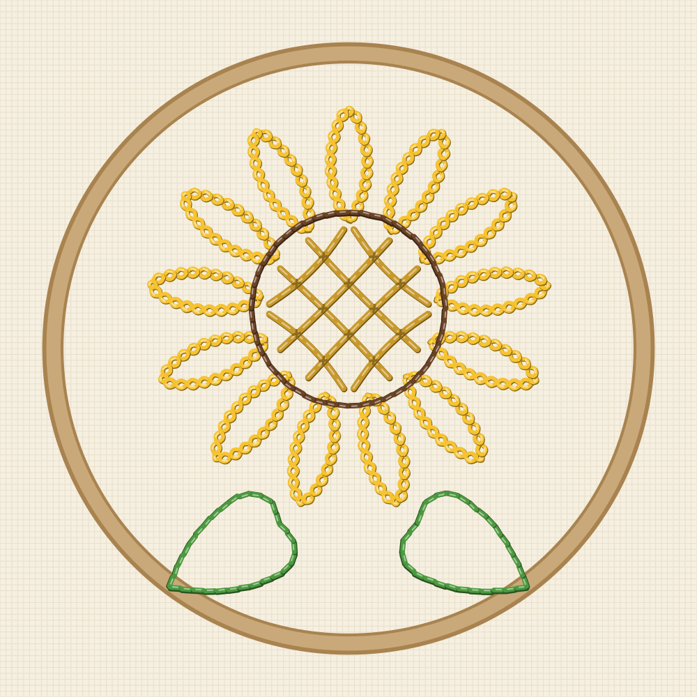 Sunflower hoop art embroidery pattern sized for a ten centimetre hoop, one head with crossed seed lines and two leaves at the foot