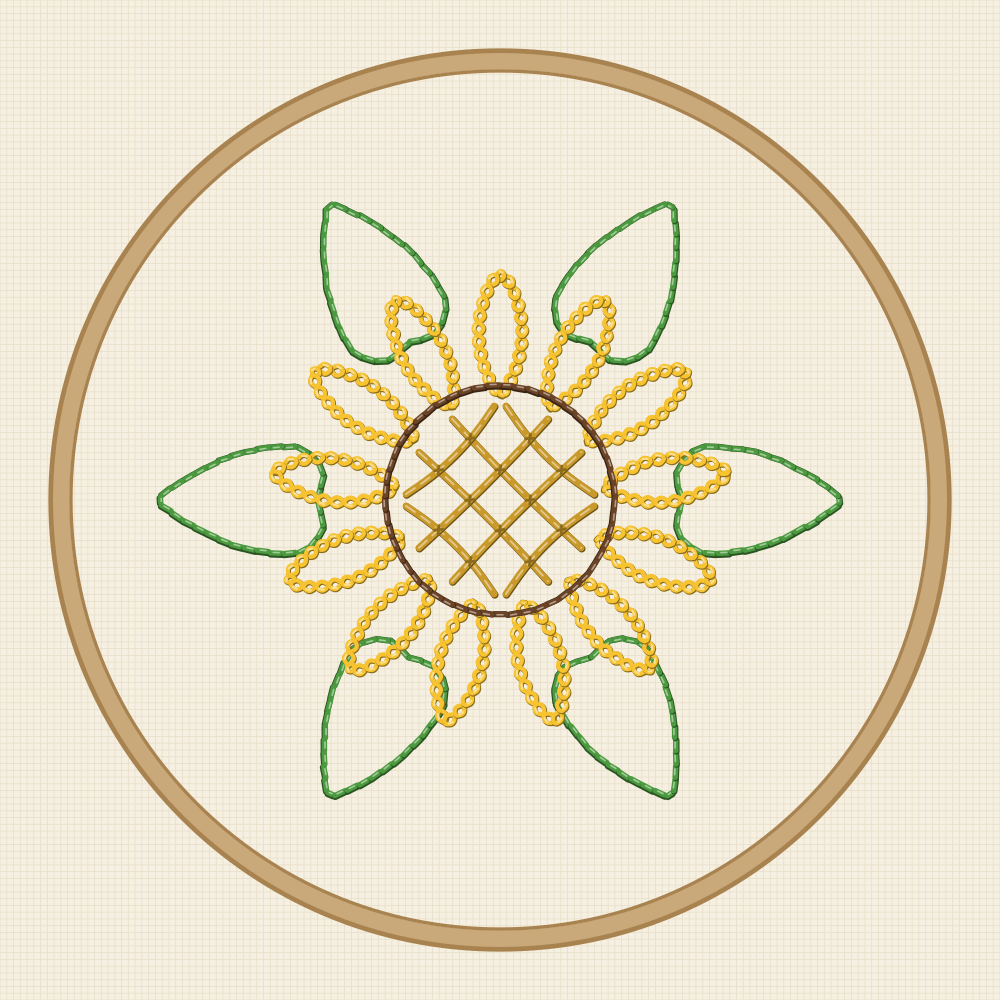 Sunflower embroidery pattern with a ring of six heart shaped leaves radiating behind the head like a green ruff