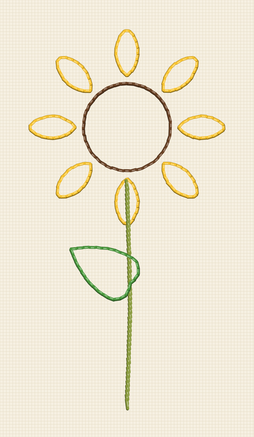 Minimal sunflower embroidery pattern with eight spaced rays around an empty disc, a single line stem and one leaf