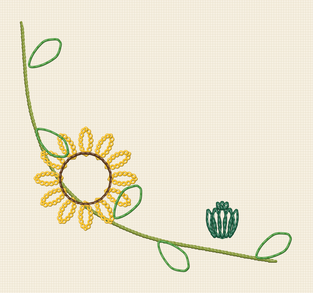 Corner sunflower embroidery pattern shaped as an L for a napkin edge, with one bloom at the elbow and a bud trailing off one arm