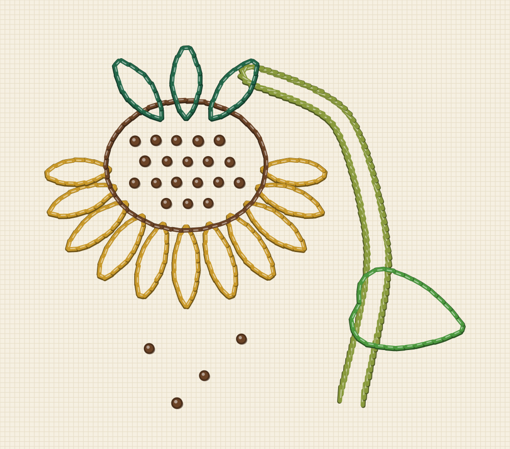 Sunflower embroidery transfer of a mature seed head nodding on a bent stem, with a fringe of spent rays and falling seeds