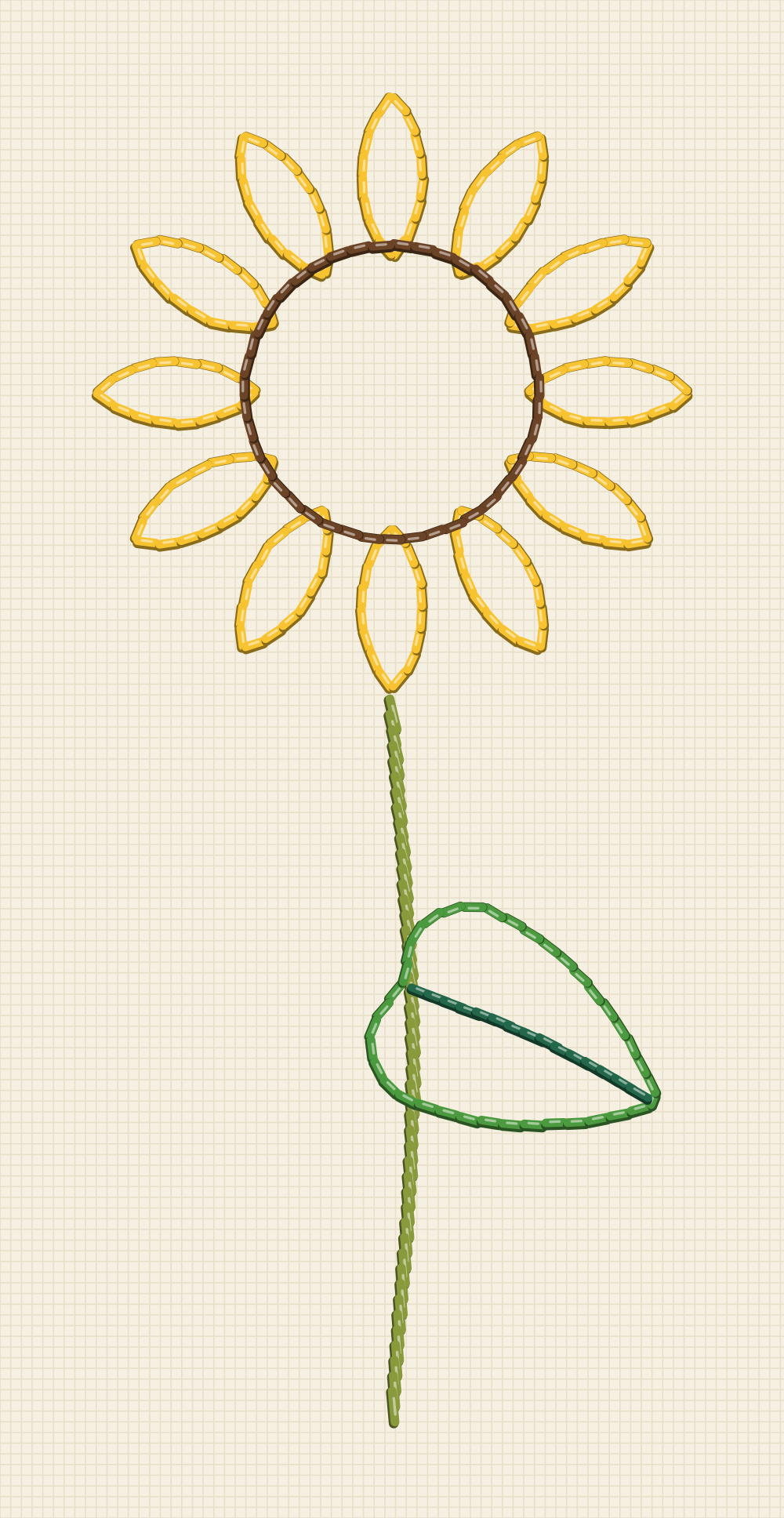 Beginner sunflower embroidery pattern worked in back stitch, stem stitch and split stitch only, with nothing to fill