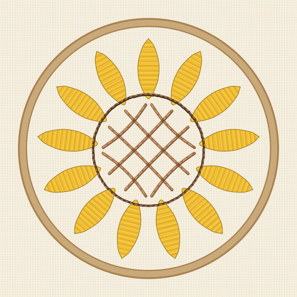 Sunflower embroidery pattern with thirteen closed ray shapes sized for satin stitch filling around a couched lattice disc