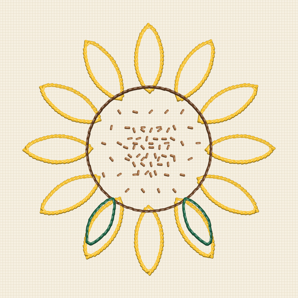 Sunflower embroidery pattern whose disc is dusted with seed stitches, dense at the middle and opening towards the rim