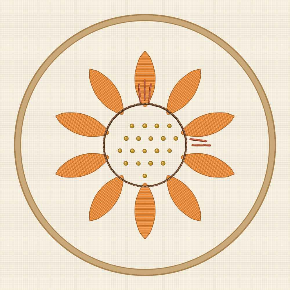 Sunflower embroidery transfer with ten broad rays for long and short stitch shading and printed direction guides inside two of them