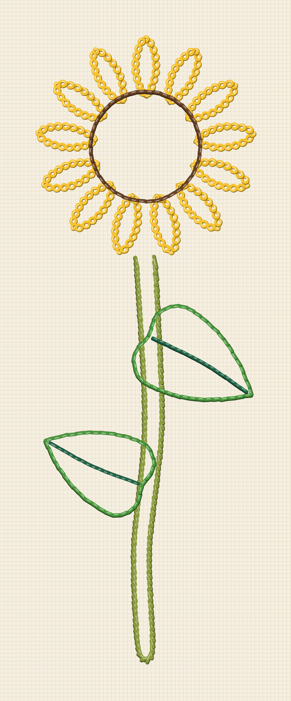Single stem sunflower embroidery pattern with one bloom on a tall thick stem and two heart shaped leaves at different heights