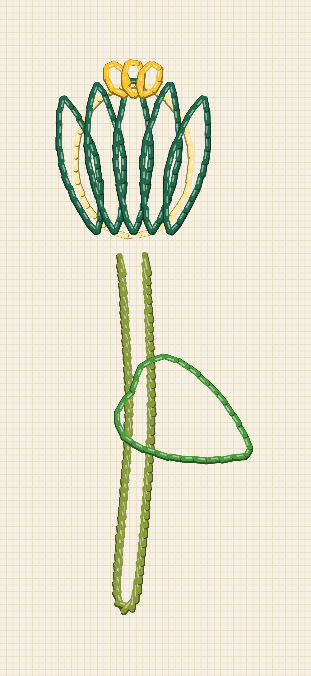 Sunflower bud embroidery pattern showing a closed head clasped by five pointed bracts with the first ray tips just showing