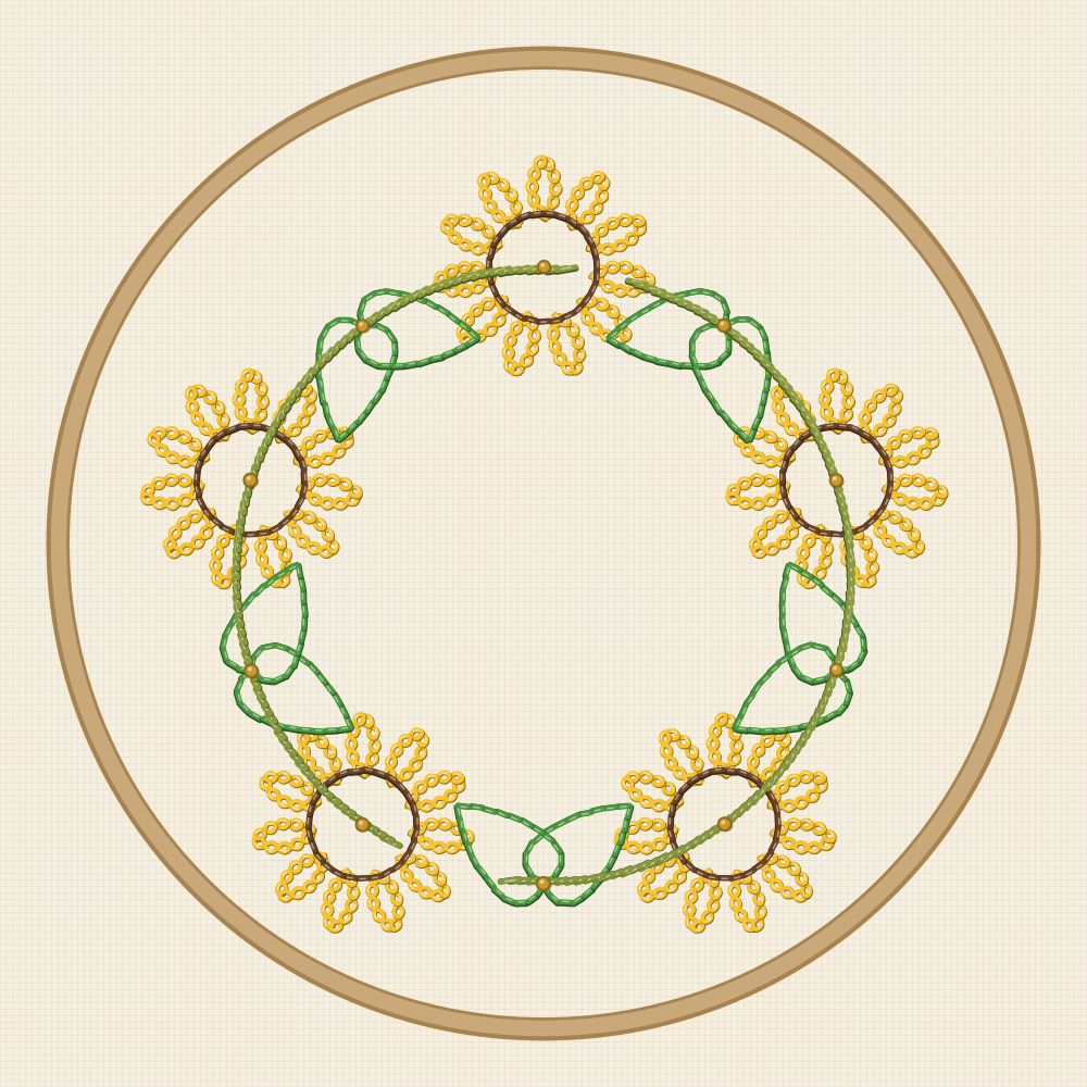 Sunflower wreath embroidery pattern with five small heads facing outward round a stem ring, heart leaves filling the gaps