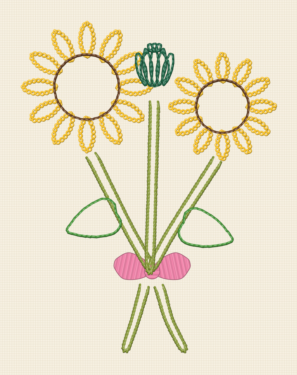Sunflower bouquet embroidery pattern with two open blooms and a bud on crossing stems gathered under a satin ribbon bow