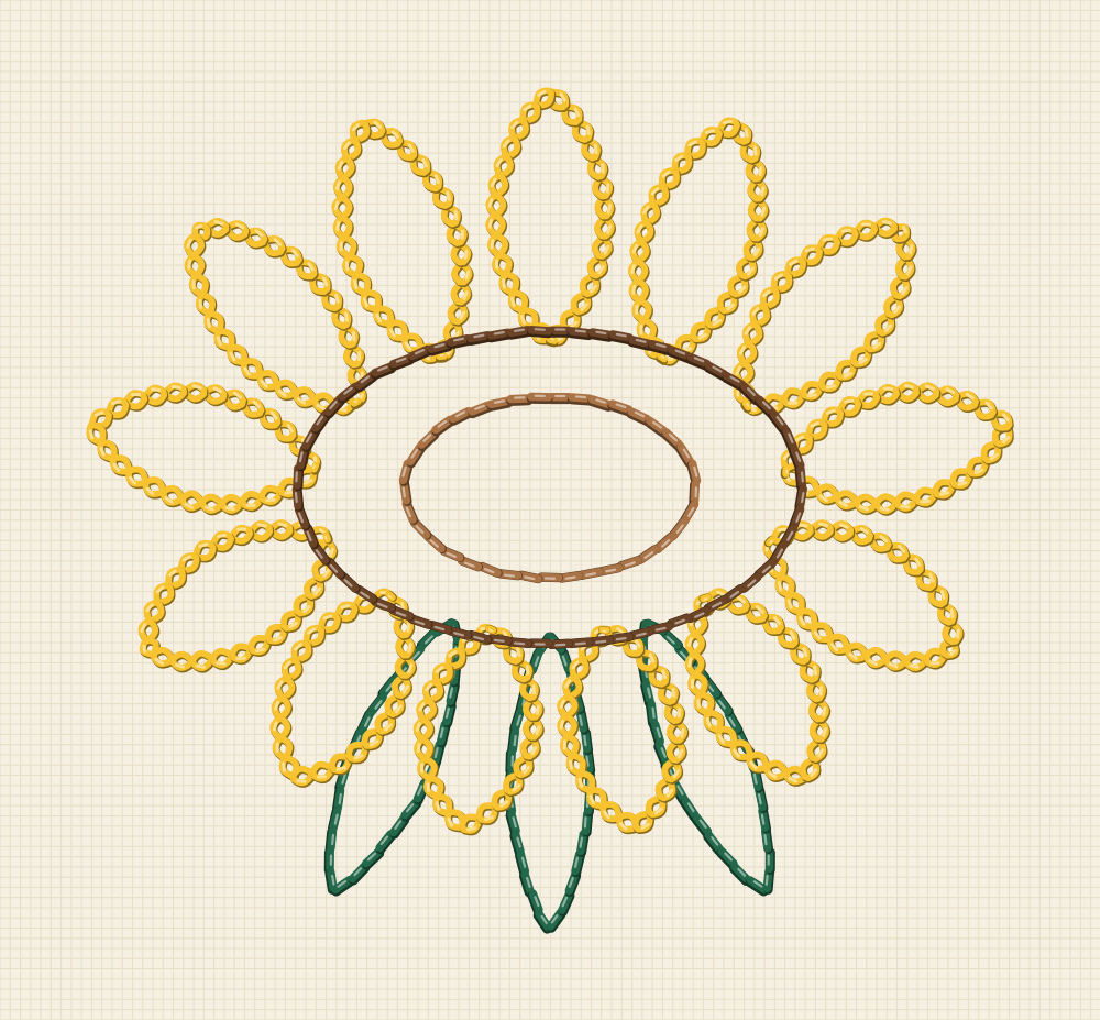 Embroidery pattern of a sunflower head seen three quarters on, the disc foreshortened to an oval with bracts under the lower rim