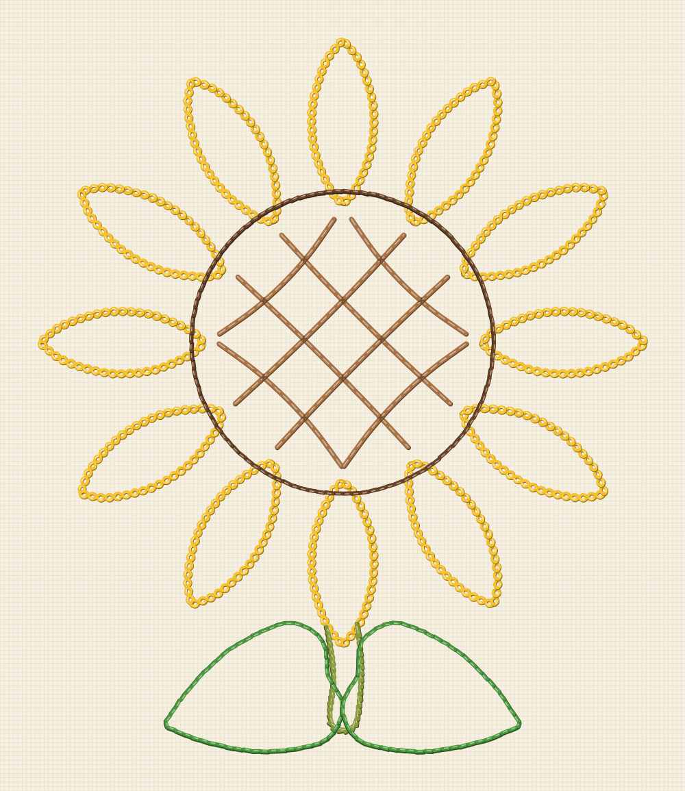 Large sunflower embroidery transfer fourteen centimetres wide with oversized rays and a coarse lattice for a canvas tote panel