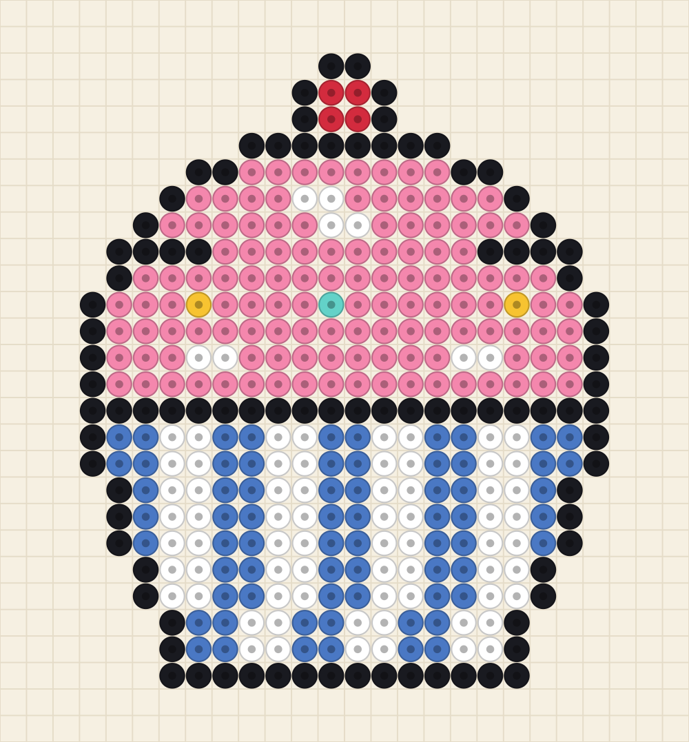 Bead chart of a cupcake with piled pink frosting, sprinkles and a striped blue paper case
