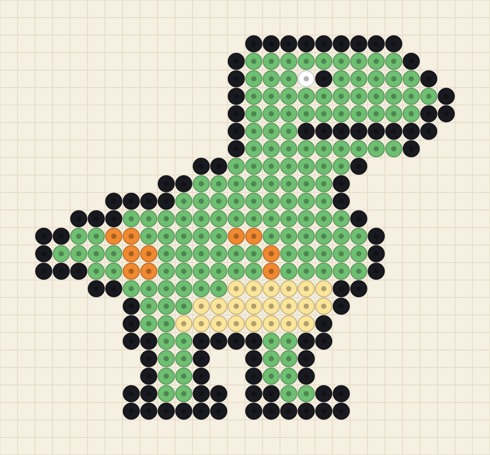 Bead pattern chart of a long tailed green dinosaur with orange back spots and a pale belly
