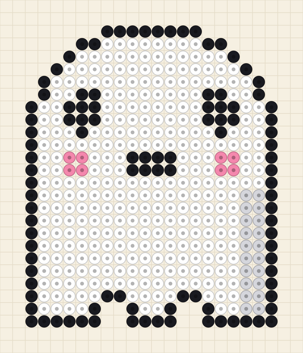 Bead chart of a smiling white ghost with pink cheeks and a three hump wavy hem