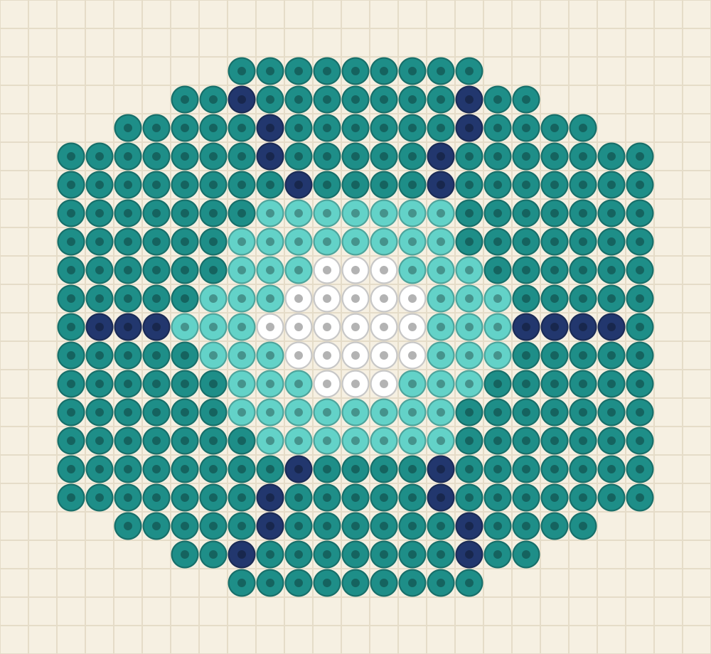 Hexagonal bead pattern of a cut gemstone with a teal girdle, an aqua crown, a white table and six navy facet lines