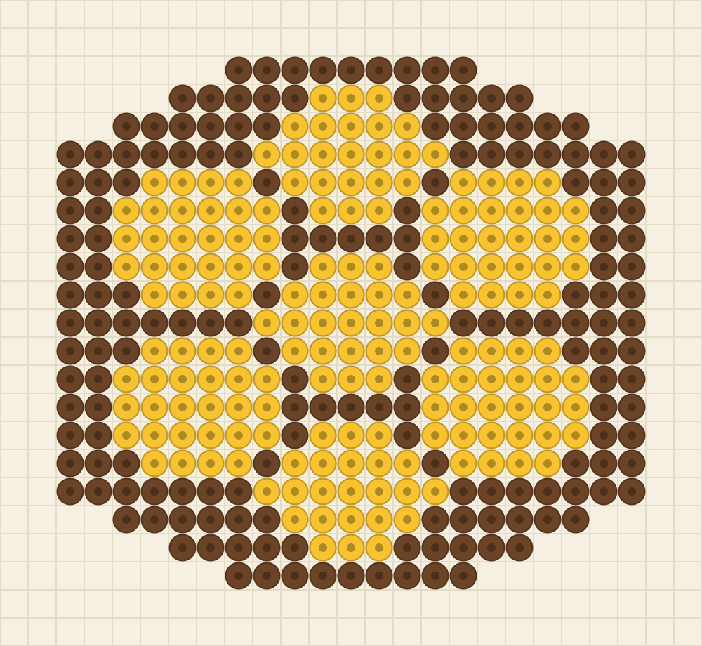 Hexagonal perler bead chart of a honeycomb with seven sunflower yellow cells set in chocolate brown wax