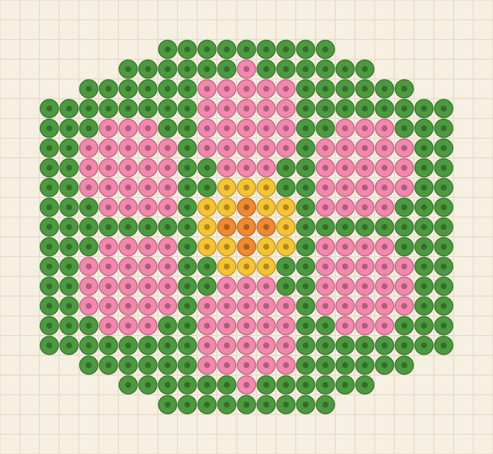 Hexagonal perler bead chart of a six petal bubblegum pink flower with a sunflower centre on a leaf green hexagon
