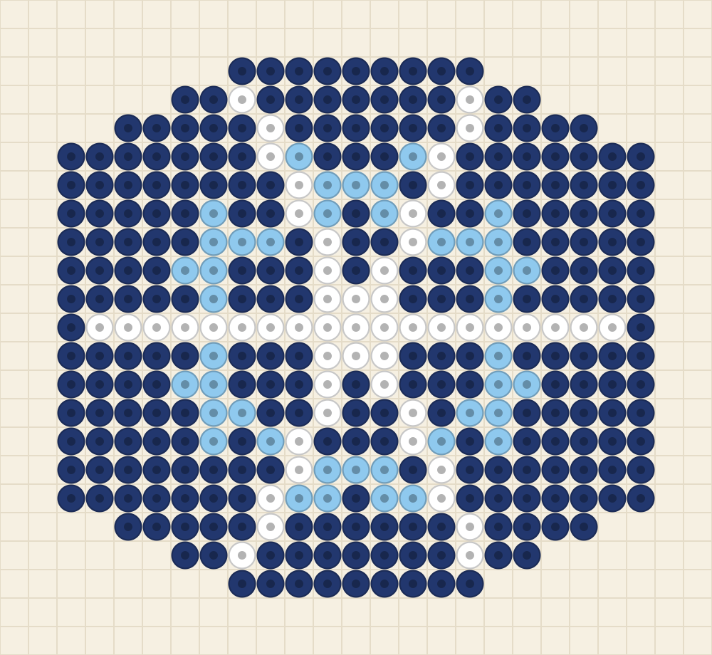 Hexagonal bead pattern of a six arm snowflake in white with sky blue side branches on a navy hexagon