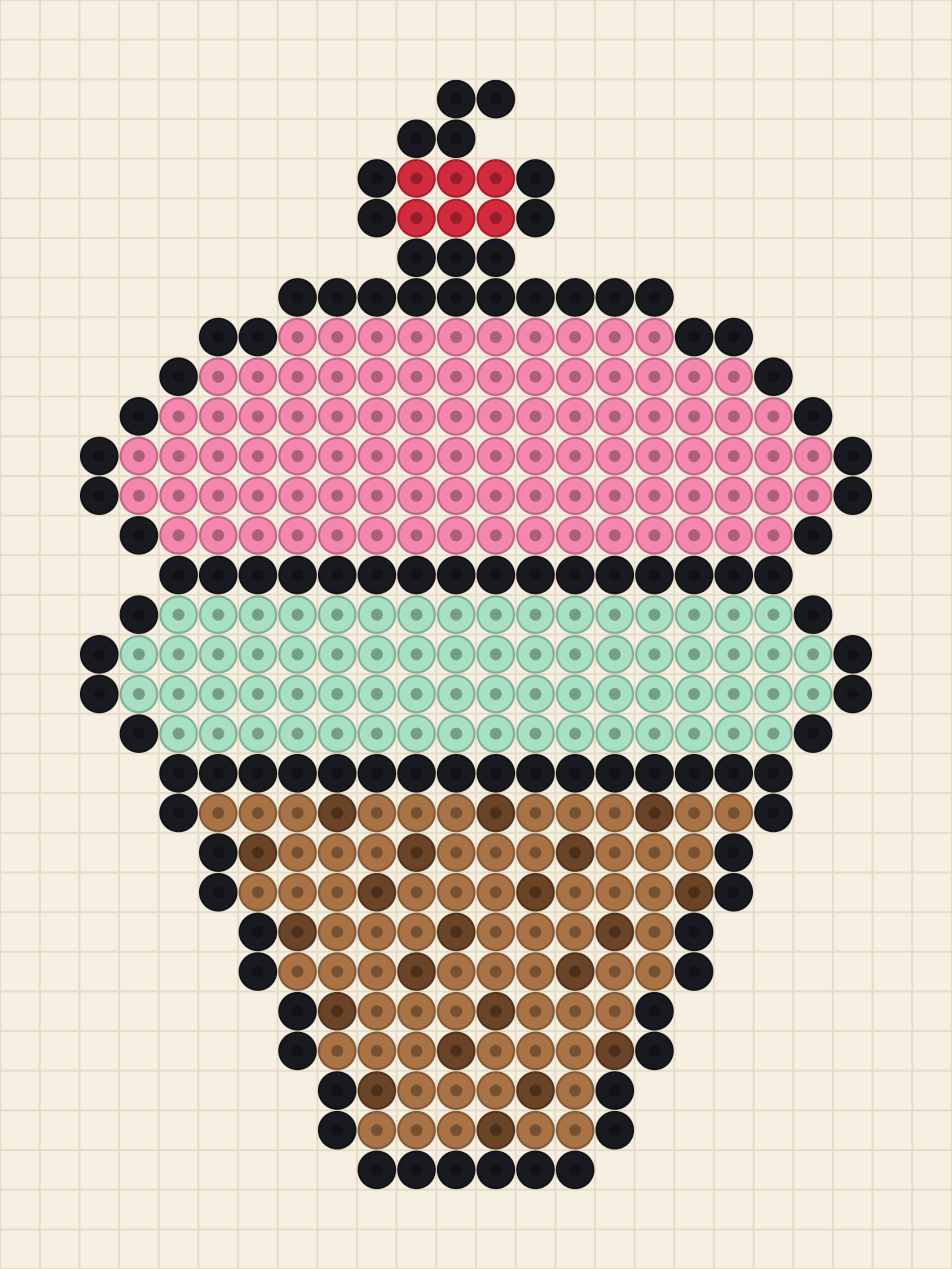 Bead pattern chart of a double scoop cone with a cherry on top and a waffle textured cone