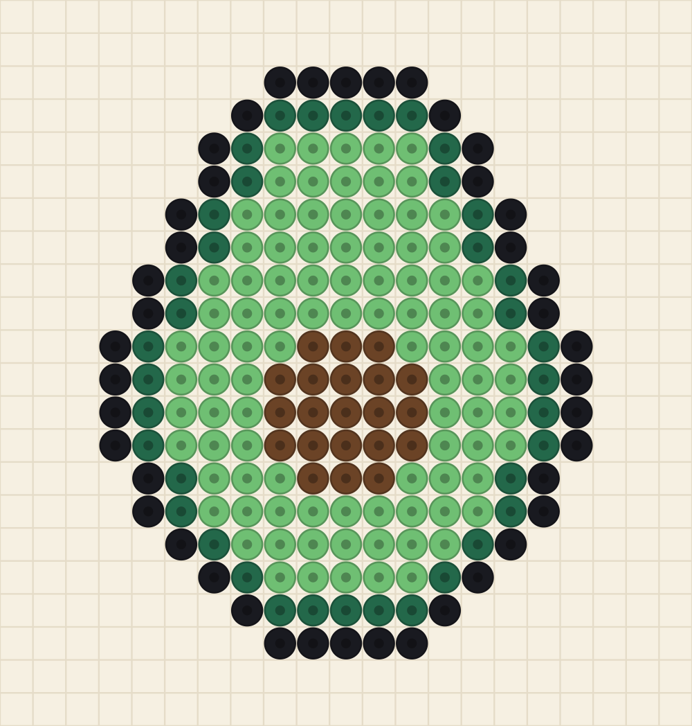 Perler bead keyring idea charted as an avocado half with a chocolate brown stone