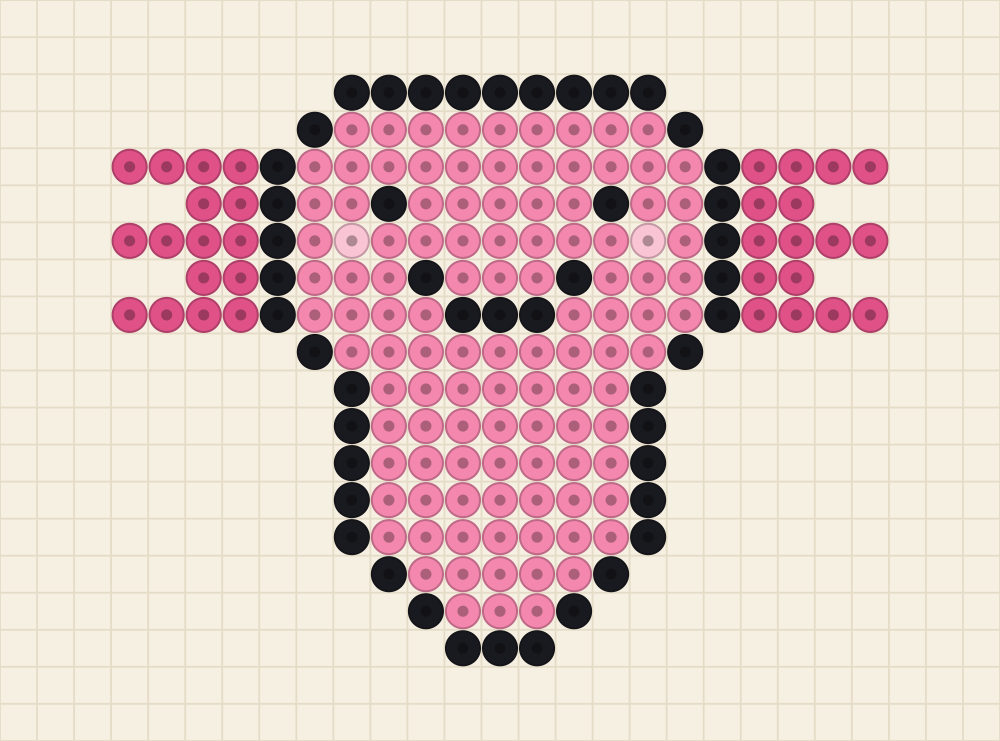 Perler bead animal idea charted as a pink axolotl with rose gill fronds
