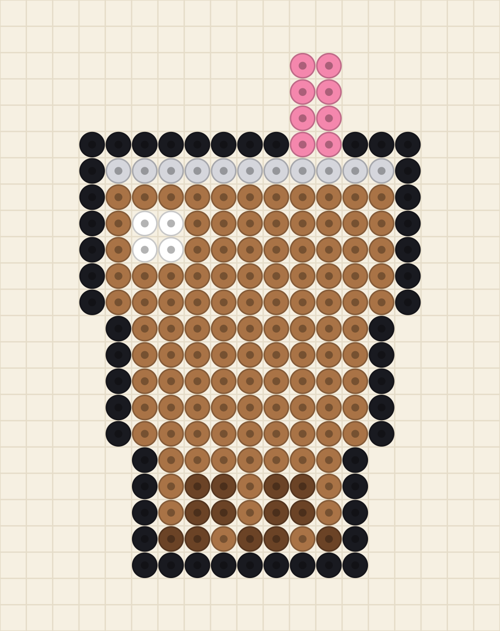 Perler bead keyring idea charted as a bubble tea cup with a straw and dark tapioca pearls