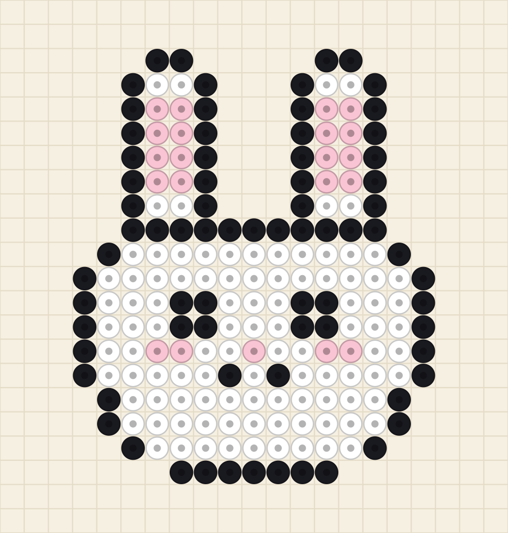 Perler bead animal idea charted as a white bunny with long pink lined ears