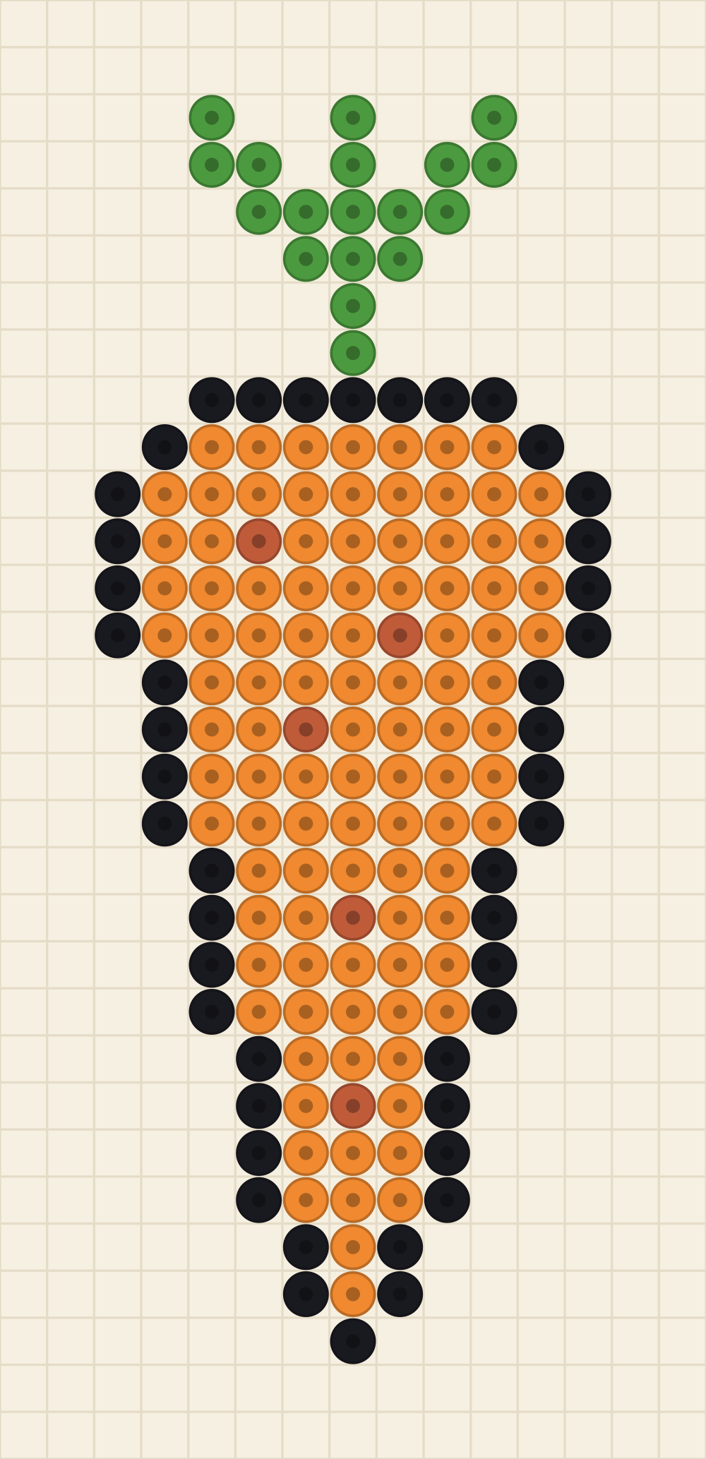 Perler bead bookmark idea charted as a tangerine carrot with green leaf sprigs