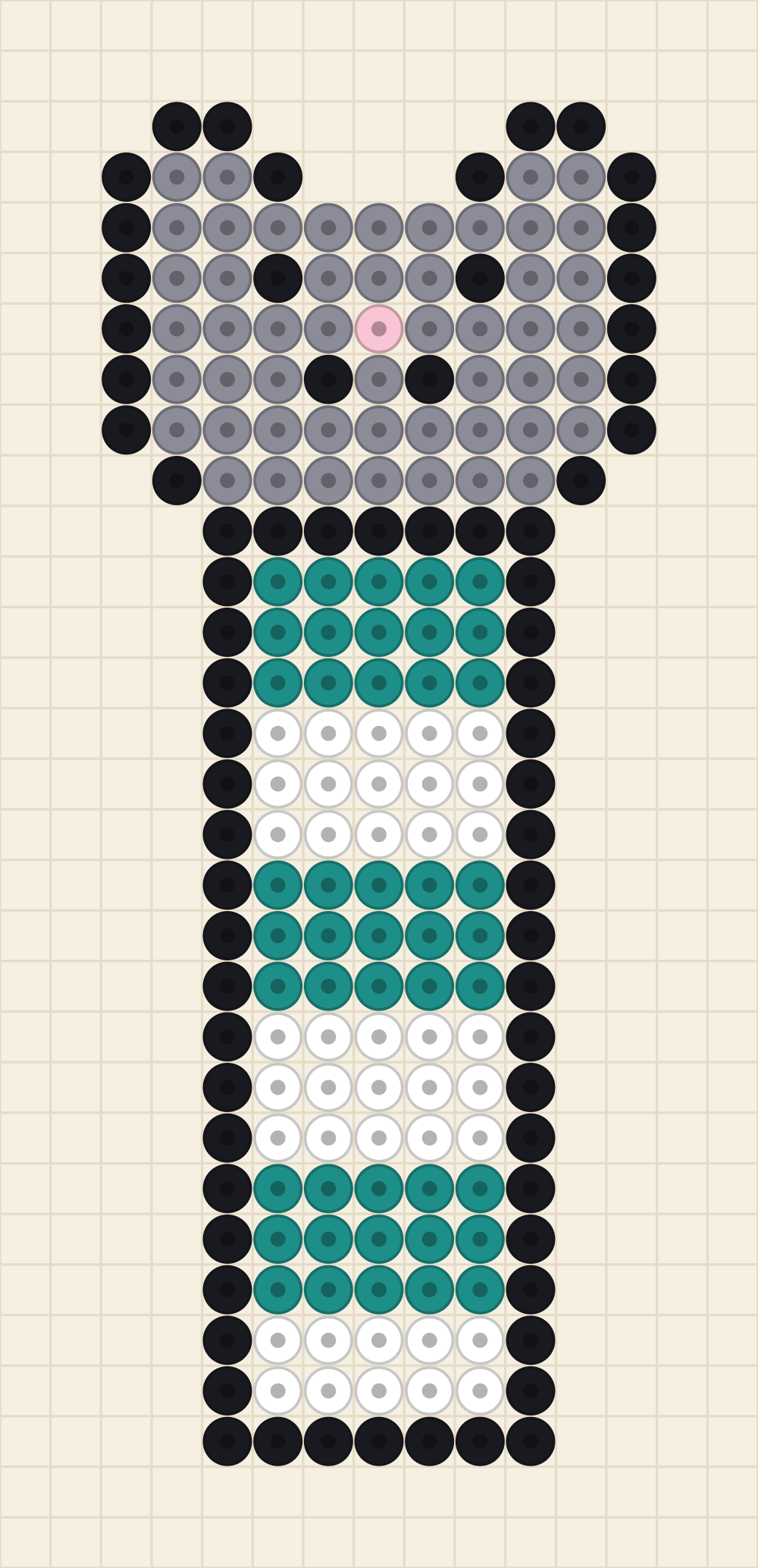 Perler bead bookmark idea charted as a grey cat head above a striped strip