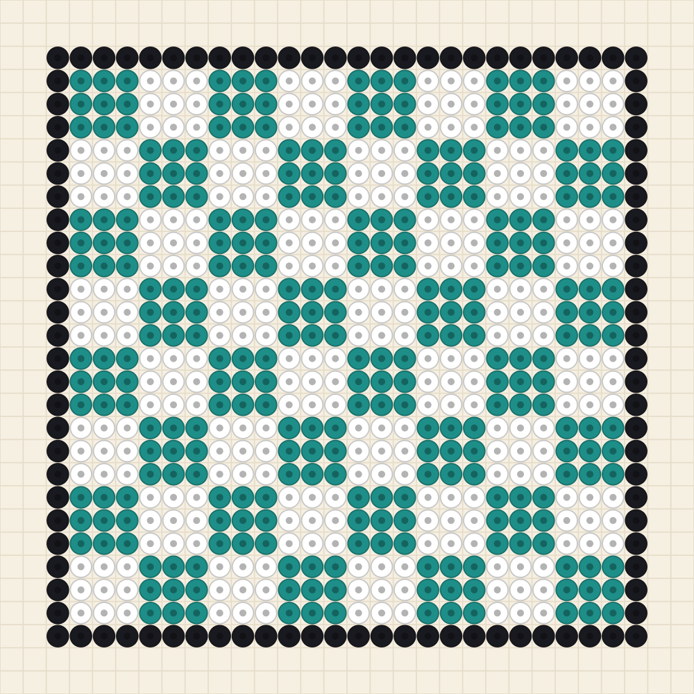 Perler bead coaster idea charted as a teal and white chequerboard with a dark border