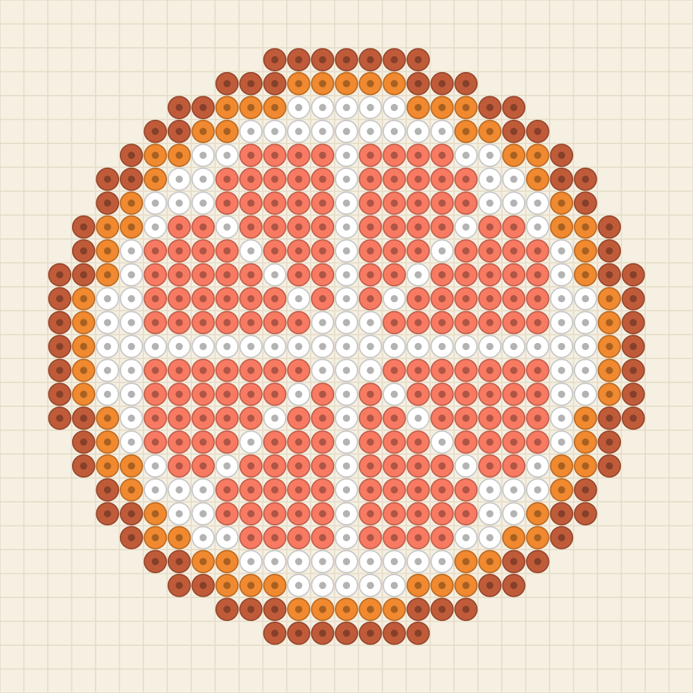 Perler bead coaster idea charted as a round orange slice with eight segments and white pith