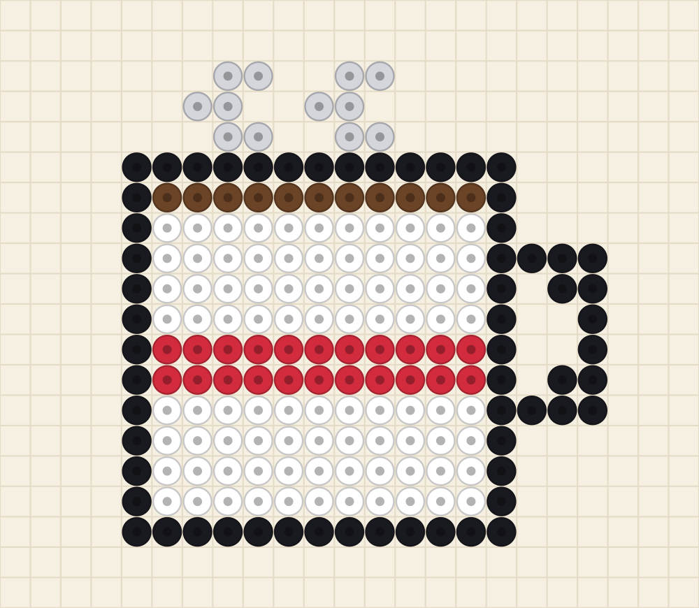 Perler bead fridge magnet idea charted as a white cocoa mug with steam and a handle