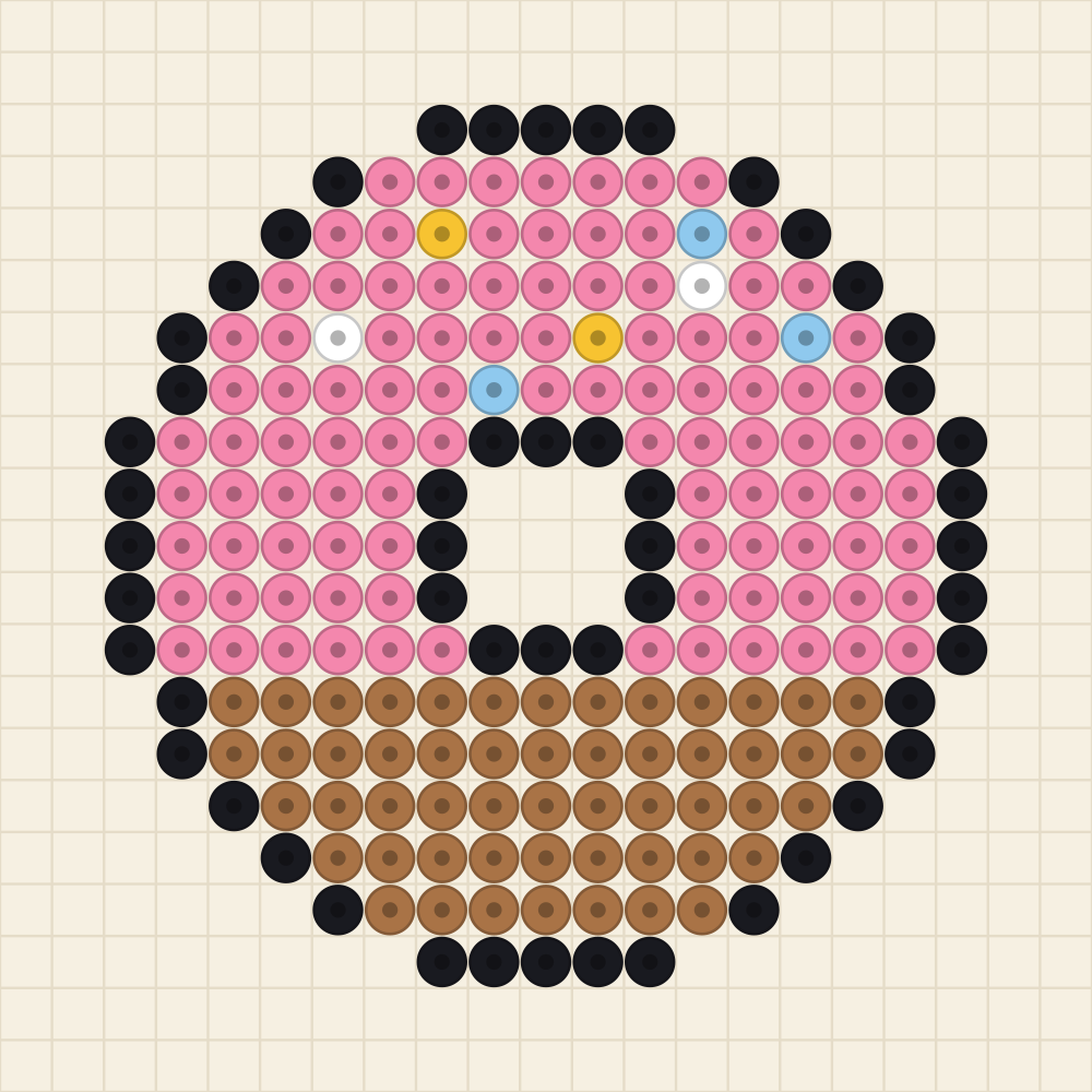 Perler bead keyring idea charted as a pink glazed donut with sprinkles and a toffee dough base